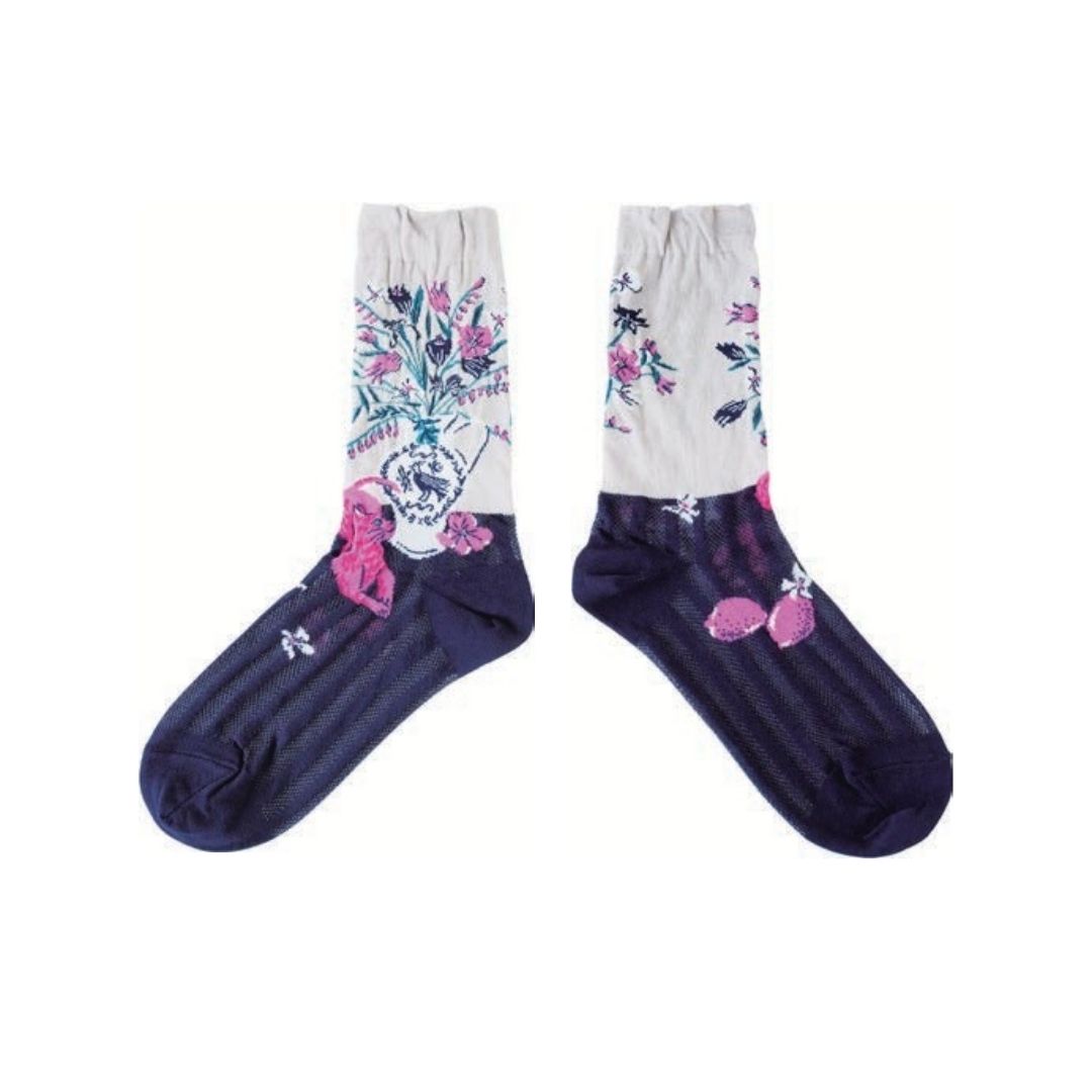 --andè--ハイゲージ クルーソックス：フローラルライフグレー/071